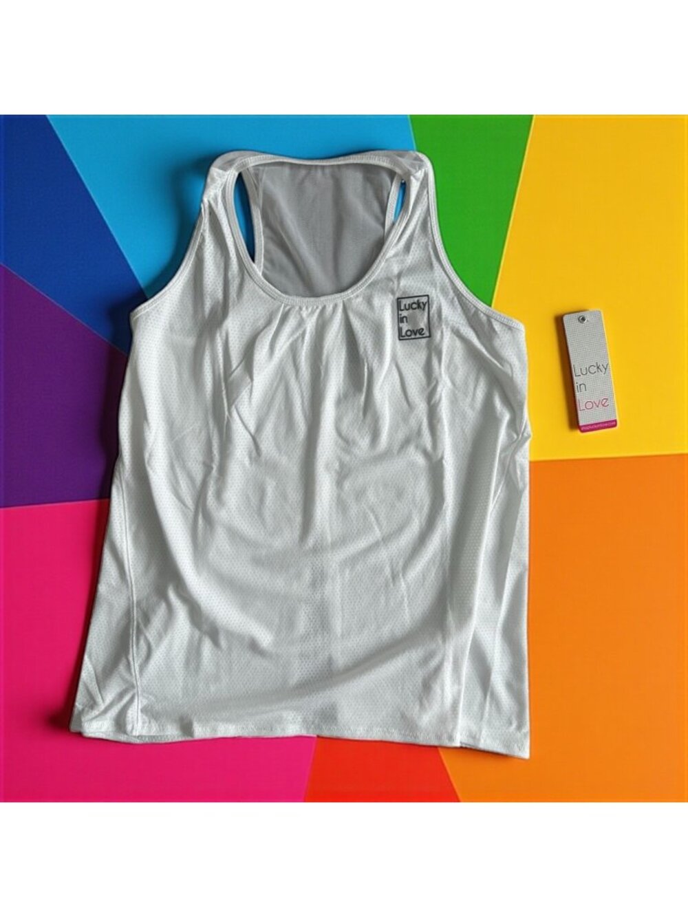 LUCKY IN LOVE White Racerback Logo Tank Top Size Medium NEW New with tags